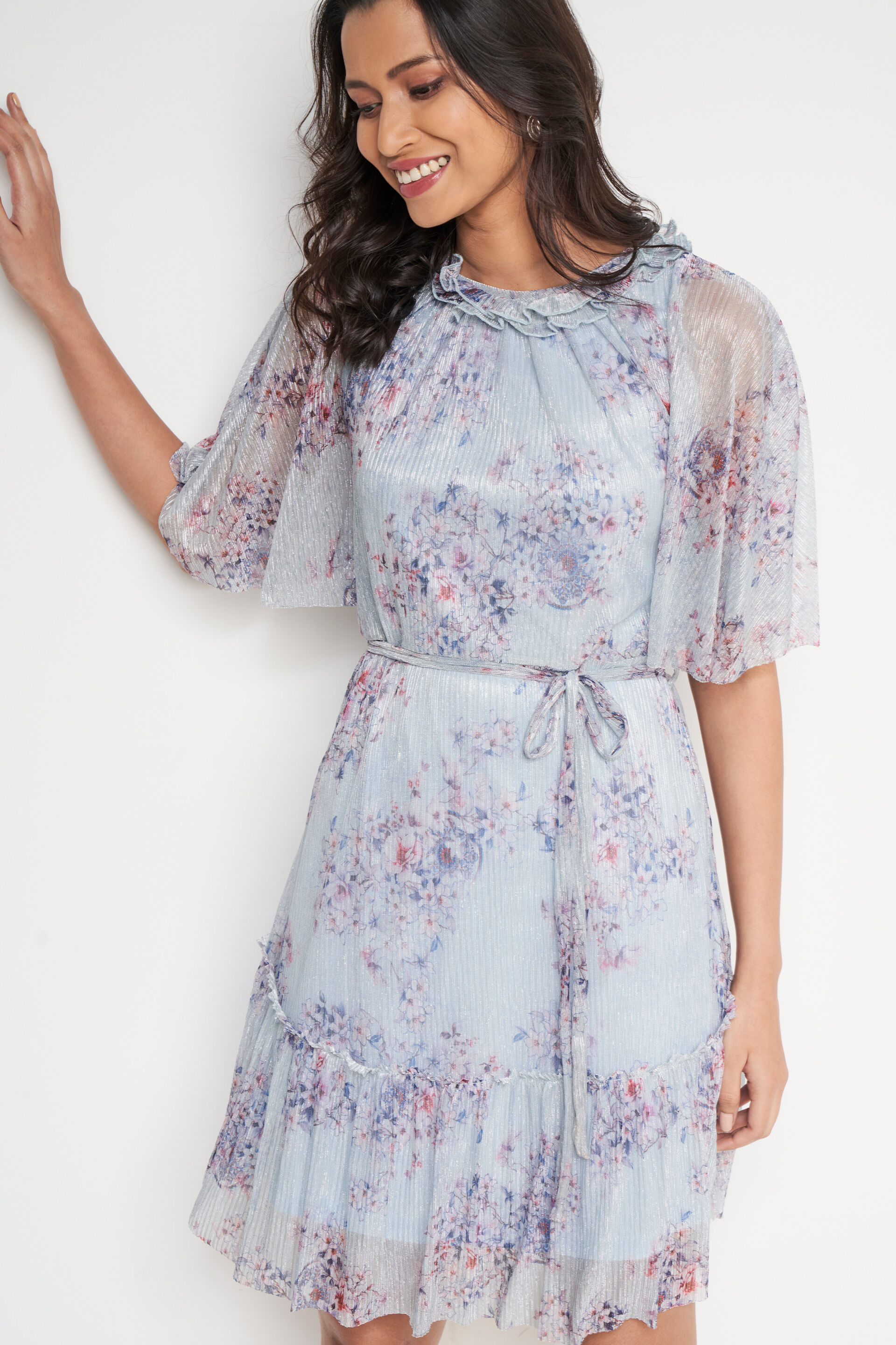 Powder Blue Floral Flared Dress, Powder Blue, image 3